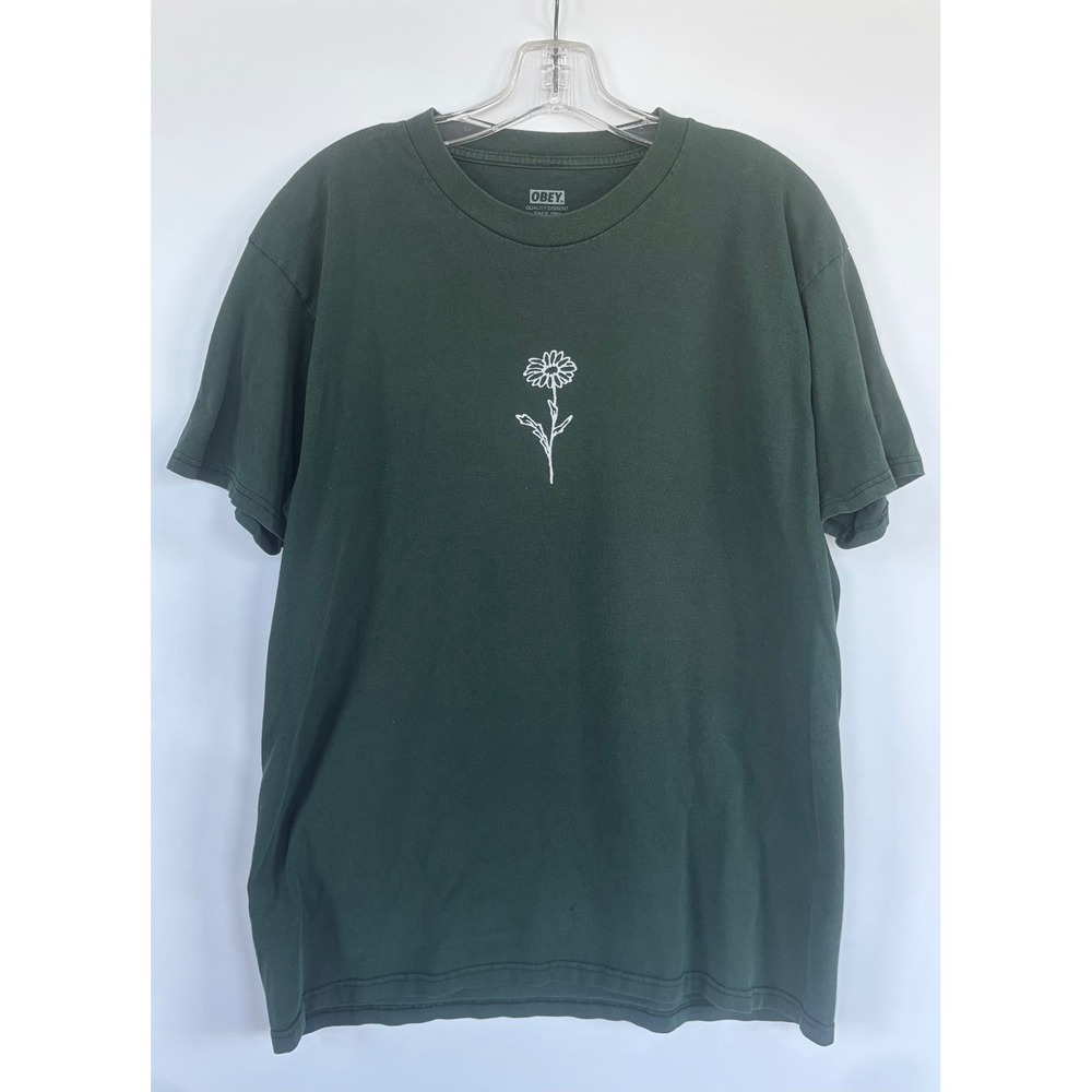 Obey Mens Large Forest Green Daisy Embroidered Short Sleeve Graphic T-Shirt Tee